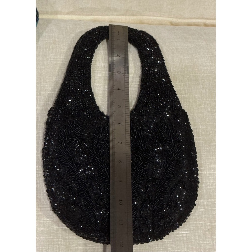 Walborg Vintage Hand Beaded Sequin Black Evening Bag Hobo Mini Purse Hong Kong - Picture 7 of 7